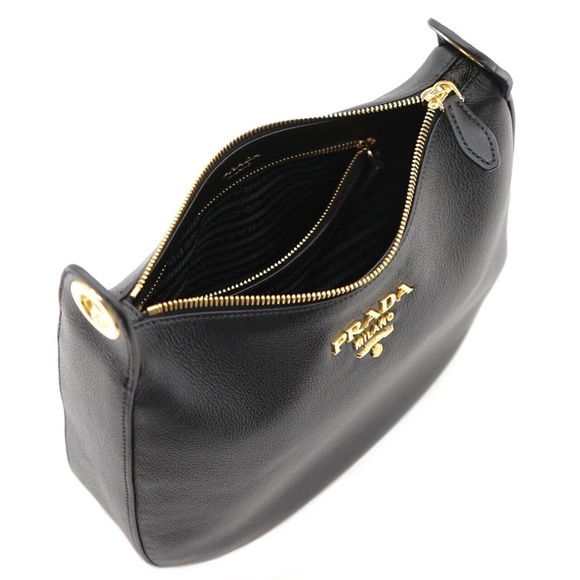 Prada Hobo Web Strap Shoulder Bag Black Leather New - Picture 4 of 5